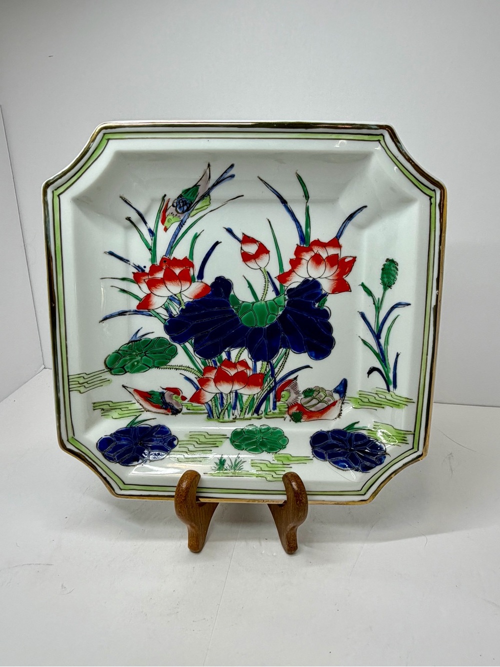 Vintage Hand-Painted Macau Japanese Porcelain Lotus & Mandarin Duck Square Plate
